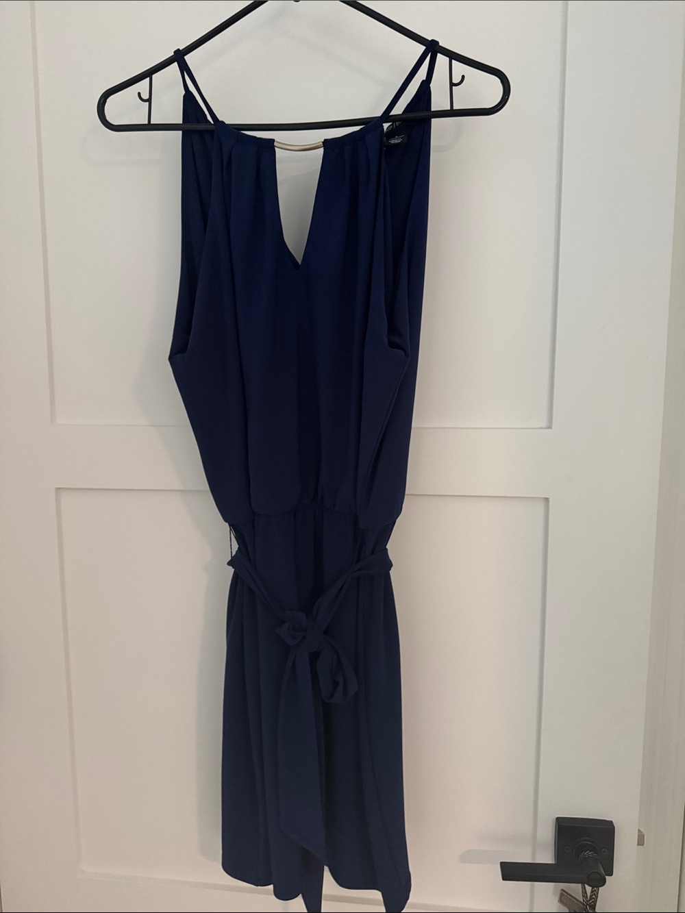 White House Black Market Navy Sleeveless V-Neck Tie-Waist Romper